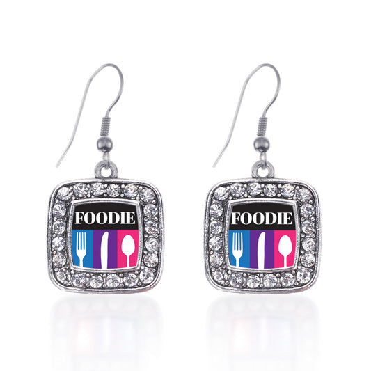 Silver Foodie Square Charm Dangle Earrings