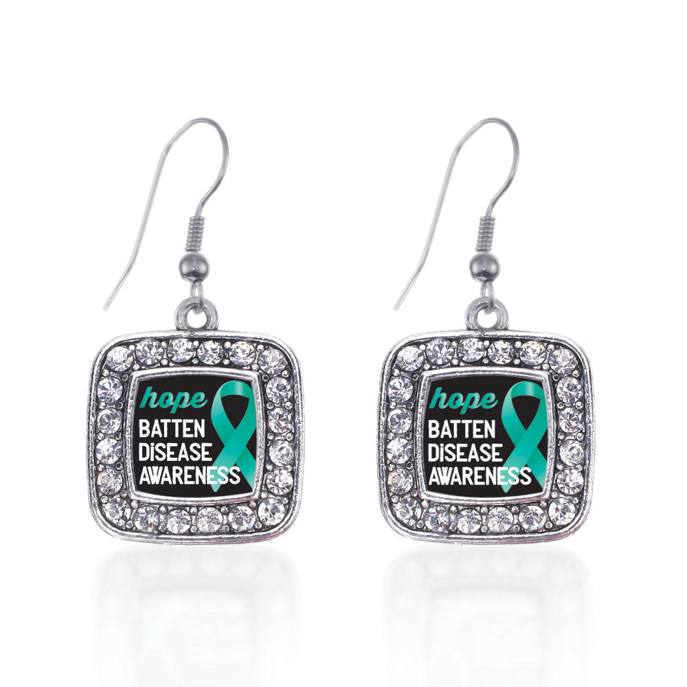 Silver Batten Disease Square Charm Dangle Earrings
