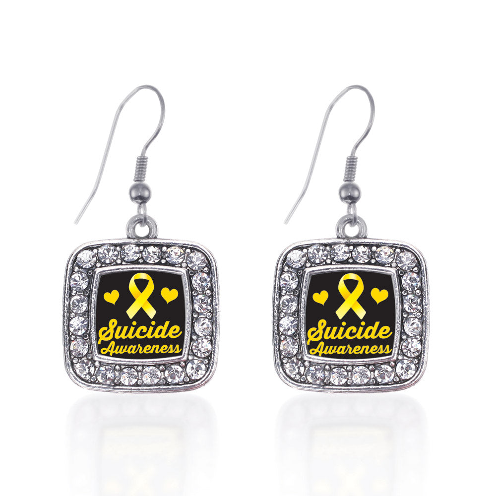 Silver Suicide Awareness Square Charm Dangle Earrings