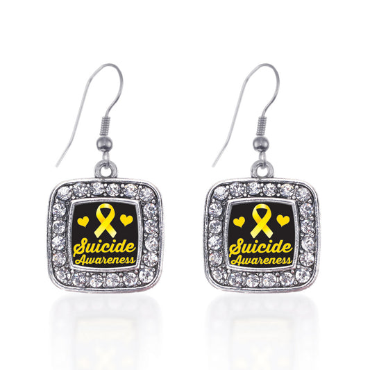 Silver Suicide Awareness Square Charm Dangle Earrings