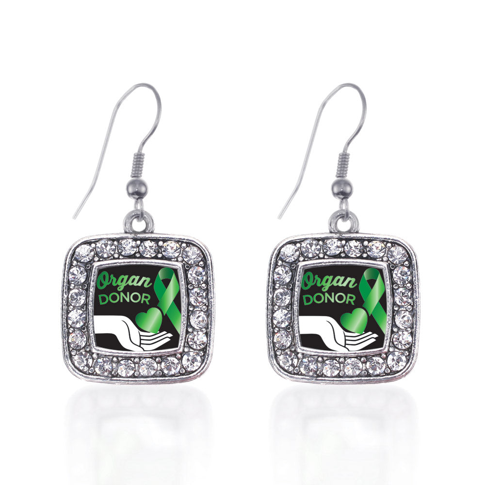 Silver Organ Donor Square Charm Dangle Earrings