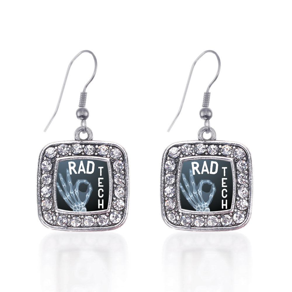 Silver Rad Tech Square Charm Dangle Earrings