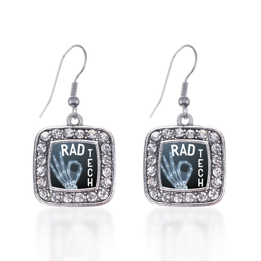 Silver Rad Tech Square Charm Dangle Earrings