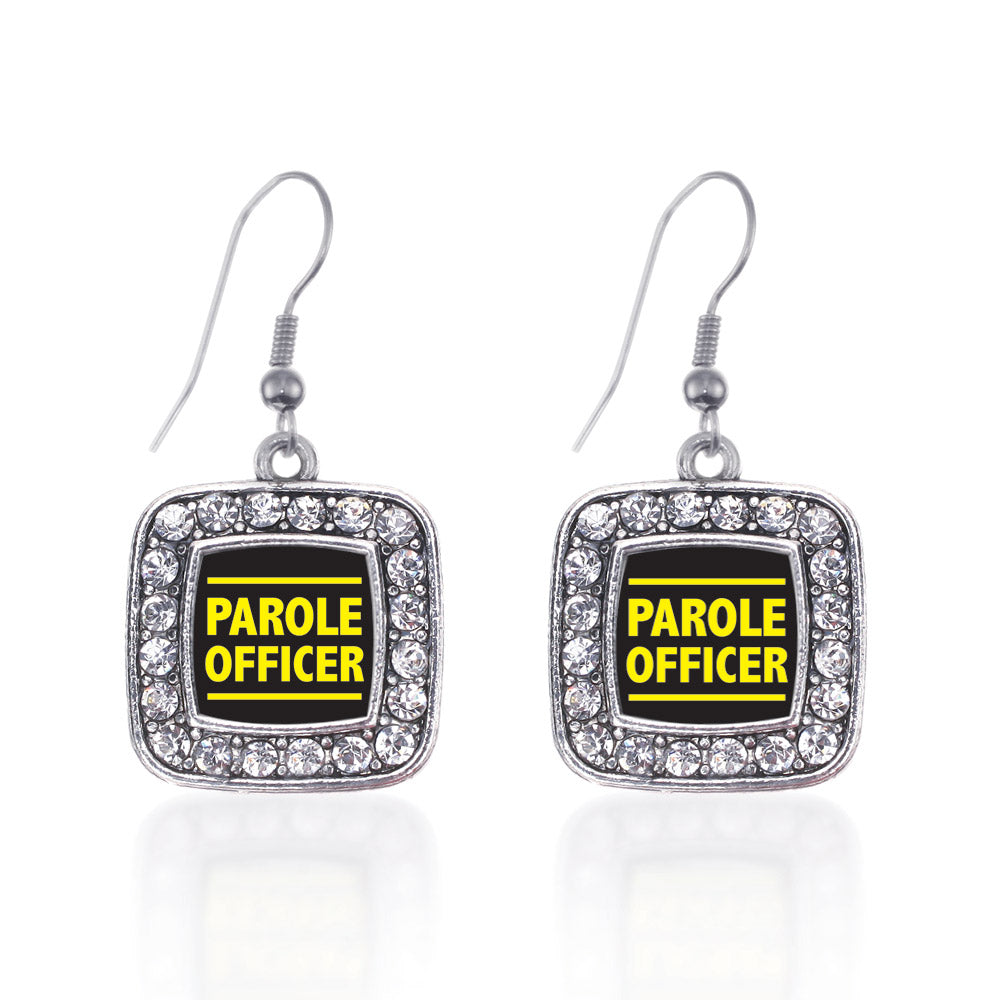 Silver Parole Officer Square Charm Dangle Earrings