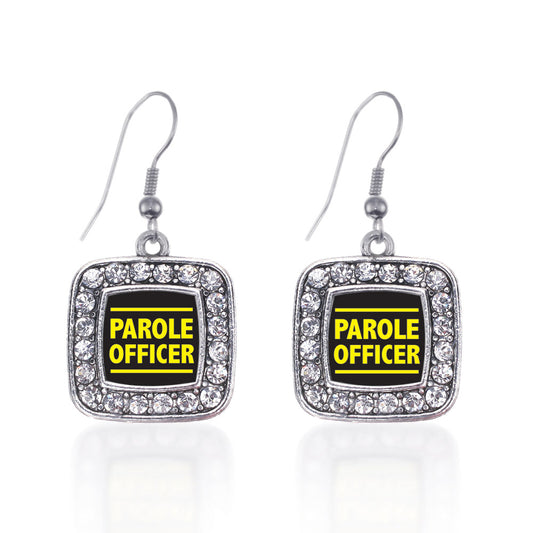 Silver Parole Officer Square Charm Dangle Earrings