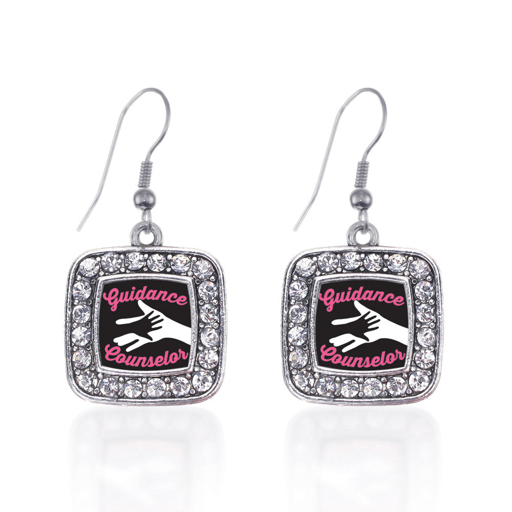 Silver Guidance Counselor Square Charm Dangle Earrings