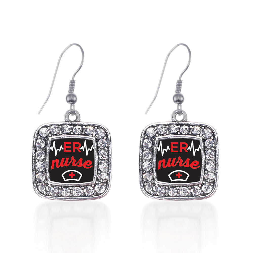 Silver ER Nurse Square Charm Dangle Earrings