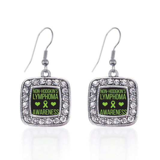 Silver Non Hodgkins Lymphoma Support Square Charm Dangle Earrings