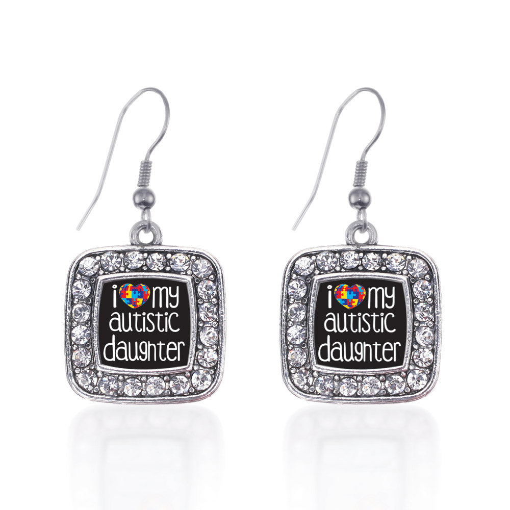Silver I Love My Autistic Daughter Square Charm Dangle Earrings