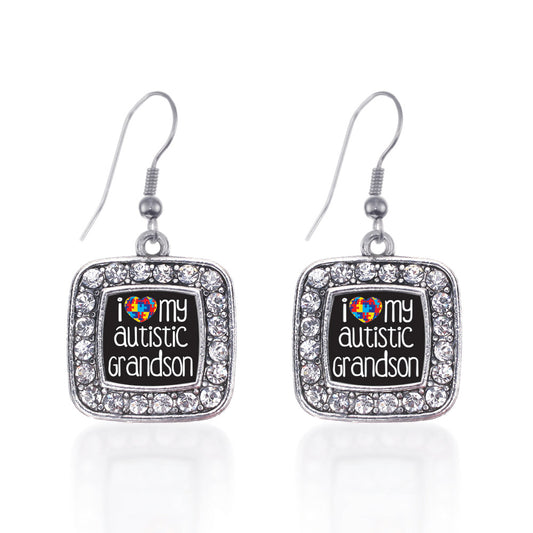 Silver I Love My Autistic Grandson Square Charm Dangle Earrings