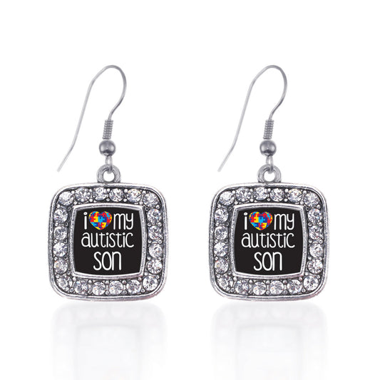 Silver I Love My Autistic Son Square Charm Dangle Earrings