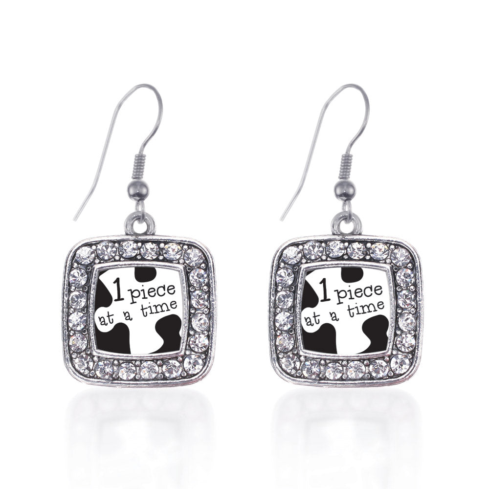 Silver One Piece at a Time Autism Awareness Square Charm Dangle Earrings