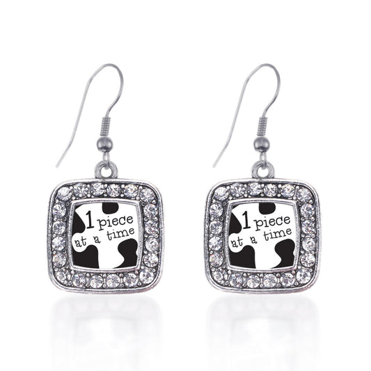Silver One Piece at a Time Autism Awareness Square Charm Dangle Earrings