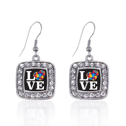 Silver Love Autism Awareness Square Charm Dangle Earrings
