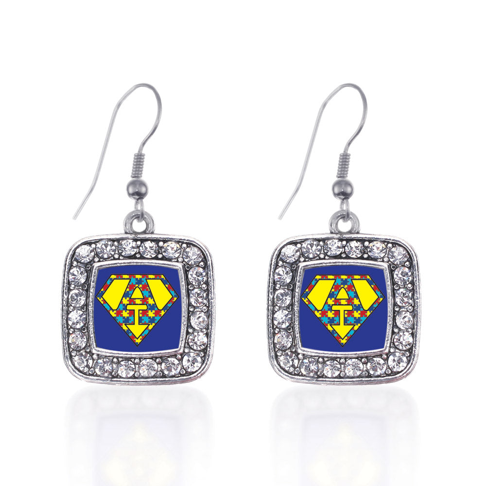 Silver Super Autism Awareness Square Charm Dangle Earrings