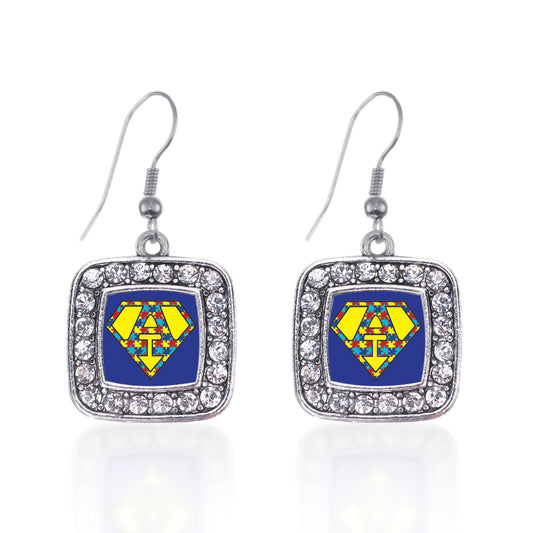 Silver Super Autism Awareness Square Charm Dangle Earrings