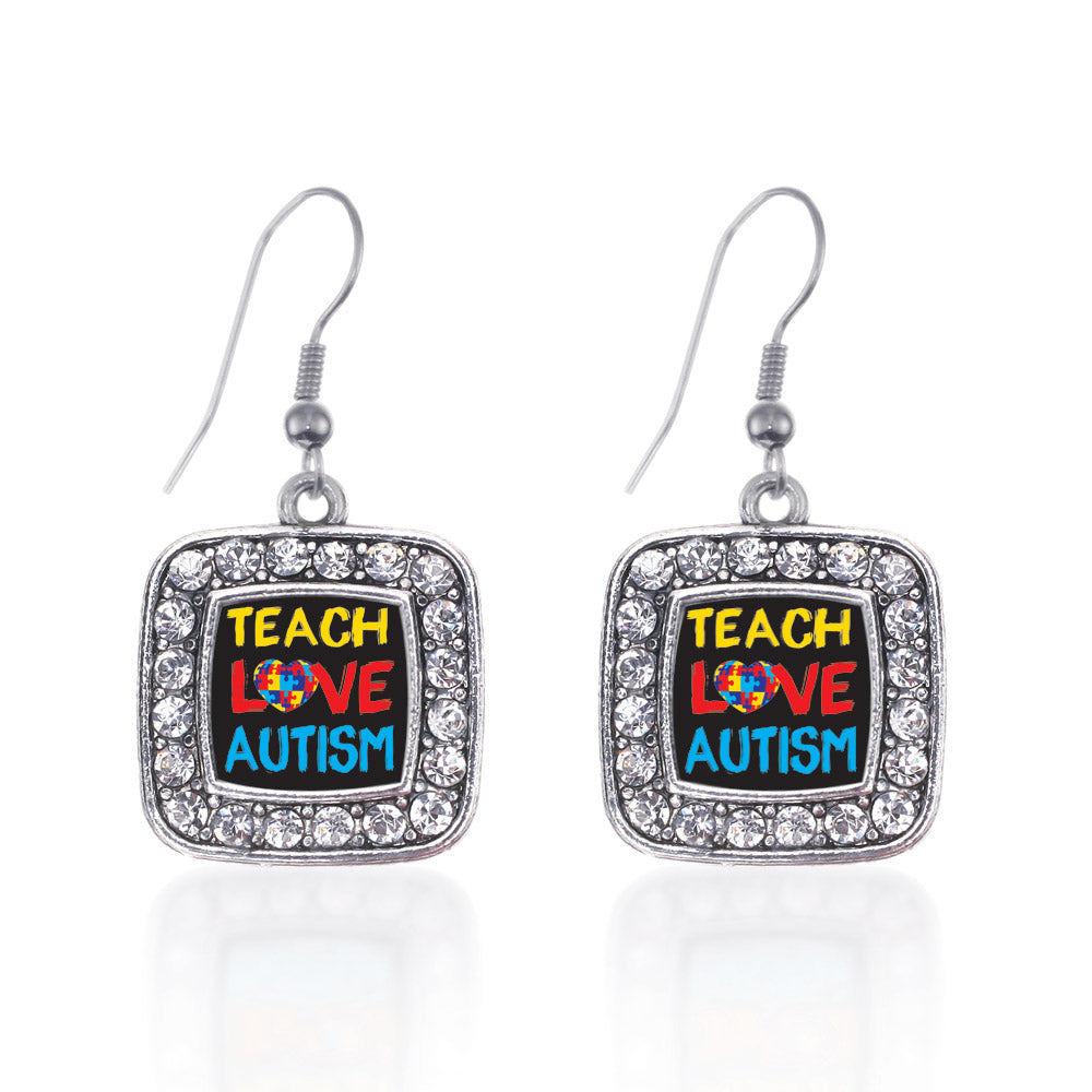 Silver Teach Love Autism Awareness Square Charm Dangle Earrings