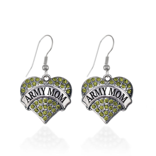 Silver Army Mom Green Pave Heart Charm Dangle Earrings