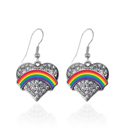 Silver LGBT Pride Pave Heart Charm Dangle Earrings