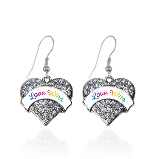 Silver Love Wins Pave Heart Charm Dangle Earrings
