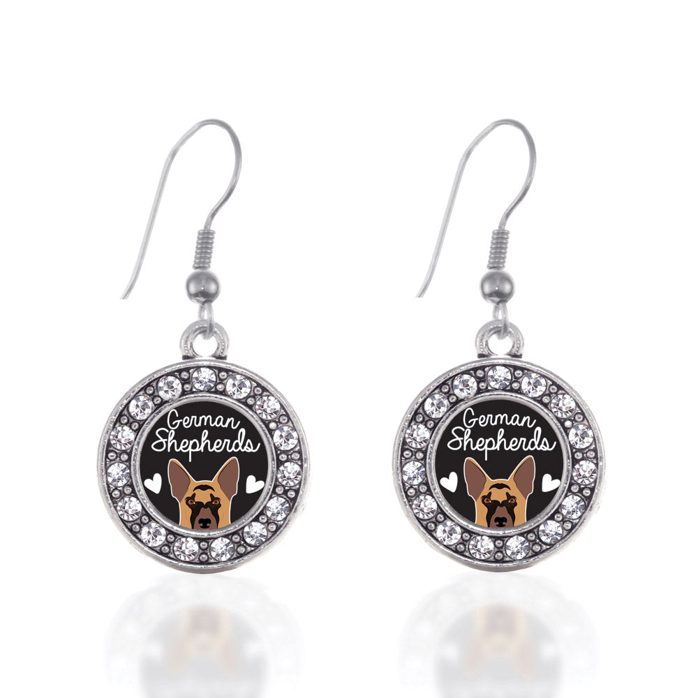 Silver German Shepherd Lover Circle Charm Dangle Earrings