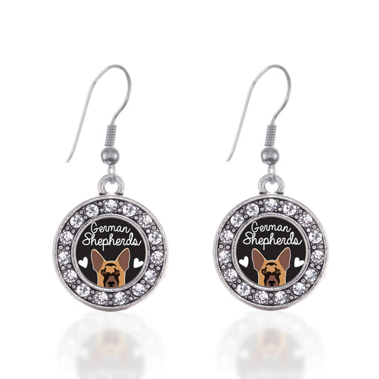 Silver German Shepherd Lover Circle Charm Dangle Earrings