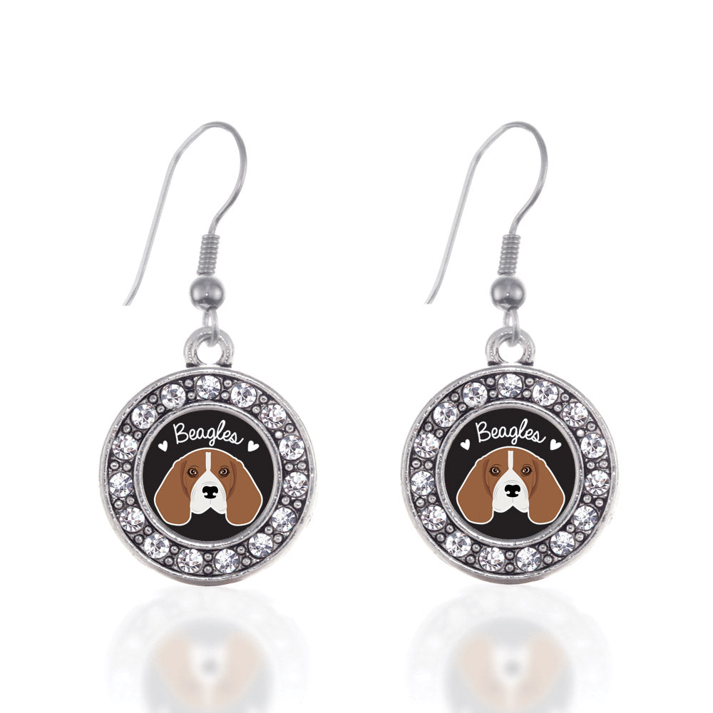 Silver Beagle Lover Circle Charm Dangle Earrings