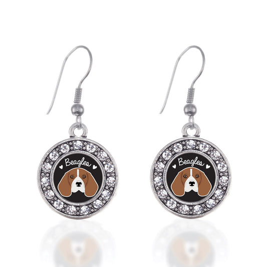 Silver Beagle Lover Circle Charm Dangle Earrings