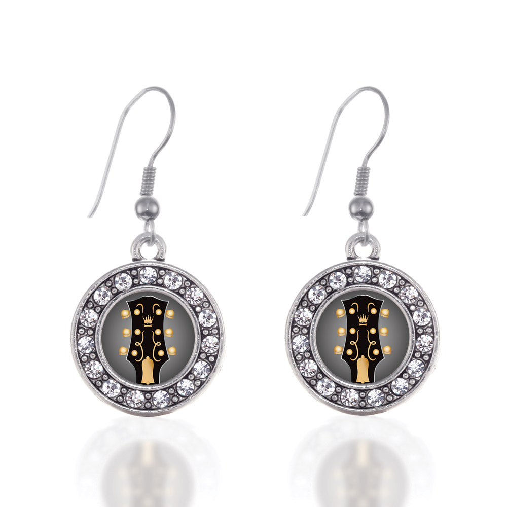 Silver Legendary Guitar Circle Charm Dangle Earrings