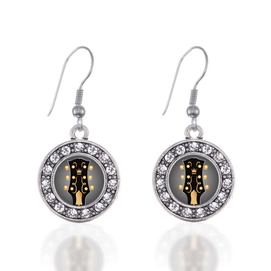 Silver Legendary Guitar Circle Charm Dangle Earrings