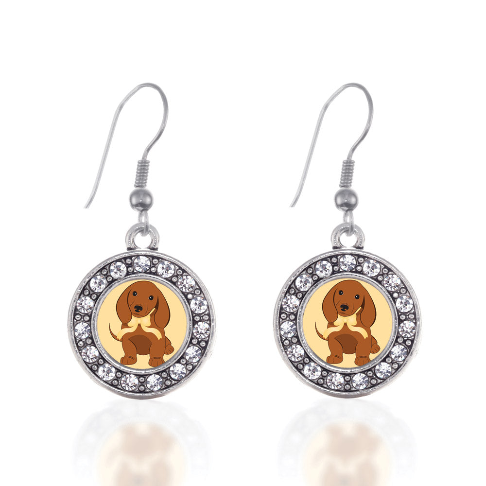 Silver Cute Little Dachshund Circle Charm Dangle Earrings