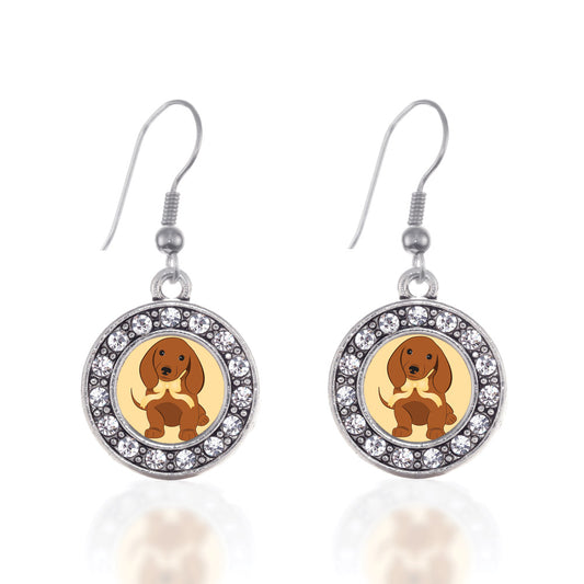 Silver Cute Little Dachshund Circle Charm Dangle Earrings