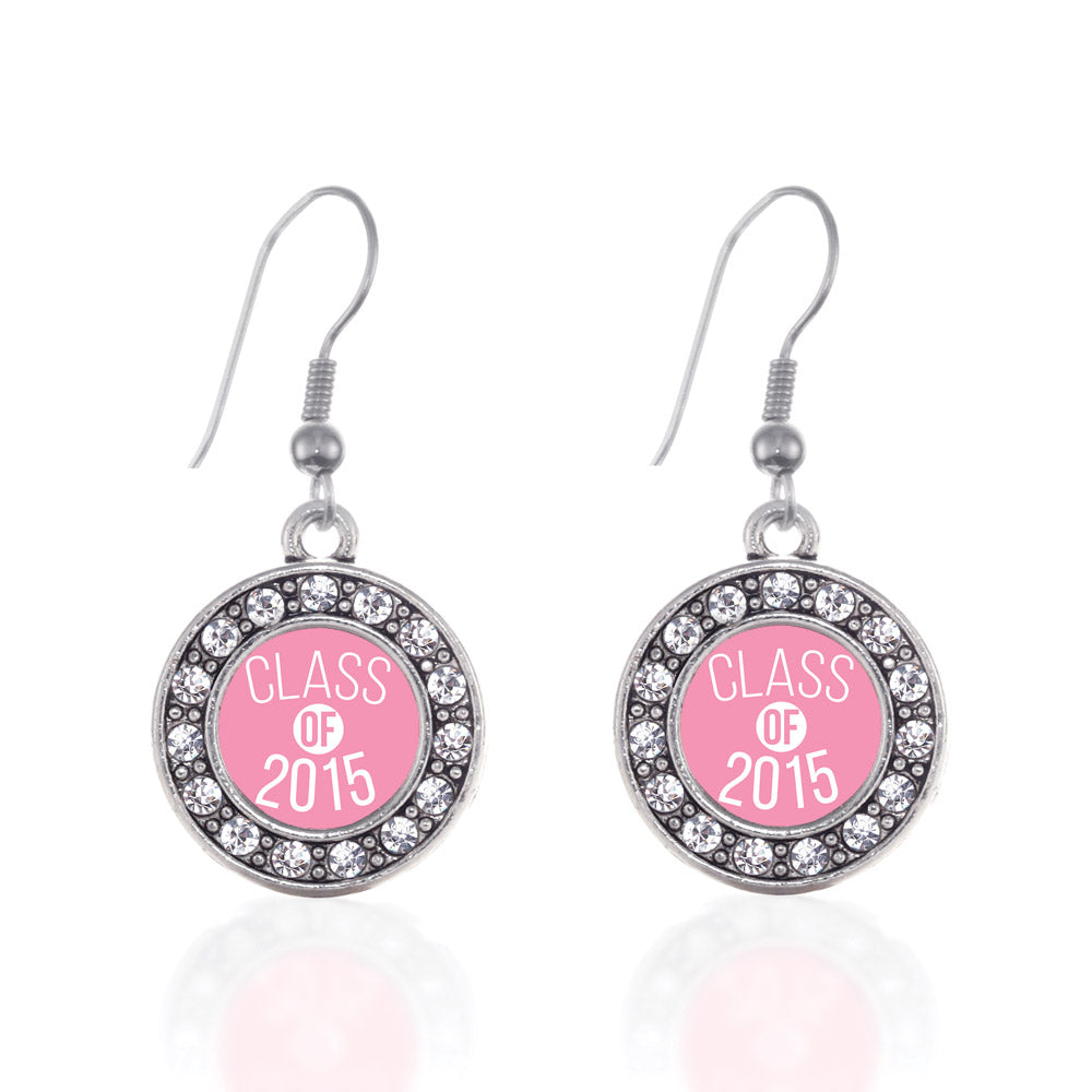 Silver Class of 2015 Light Pink Circle Charm Dangle Earrings