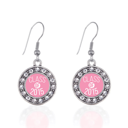 Silver Class of 2015 Light Pink Circle Charm Dangle Earrings