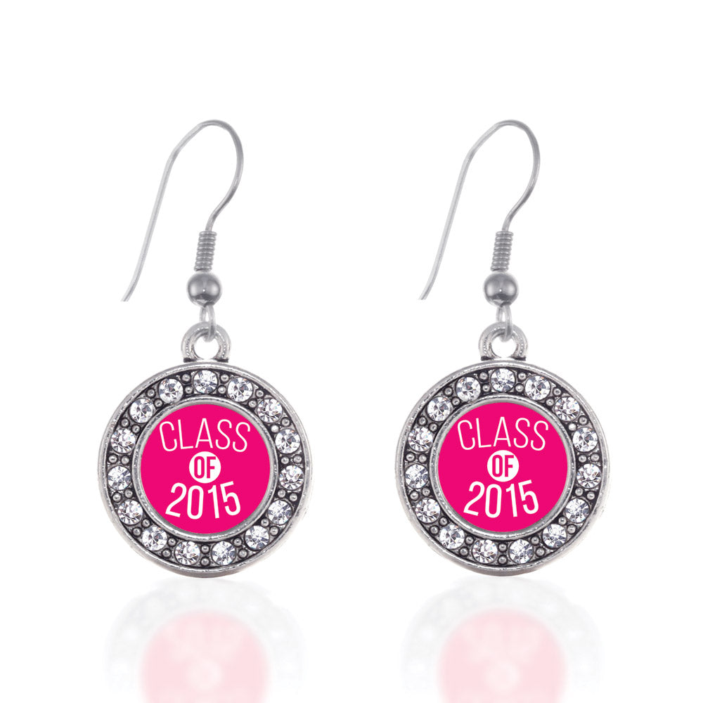 Silver Class of 2015 Hot Pink Circle Charm Dangle Earrings