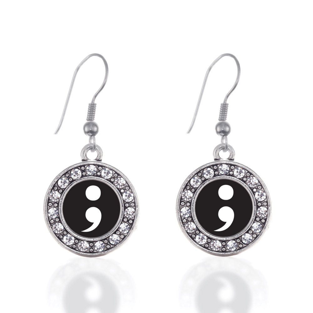Silver Semicolon Movement Circle Charm Dangle Earrings