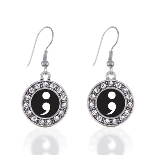 Silver Semicolon Movement Circle Charm Dangle Earrings