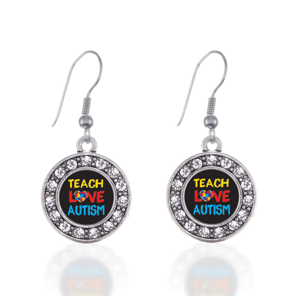 Silver Teach Love Autism Awareness Circle Charm Dangle Earrings