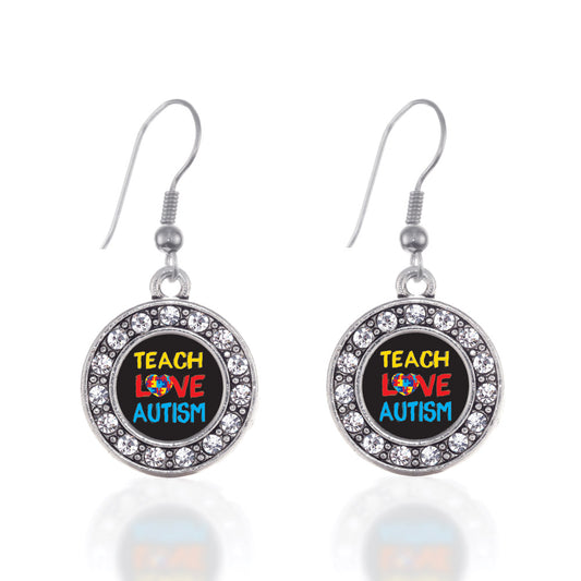 Silver Teach Love Autism Awareness Circle Charm Dangle Earrings