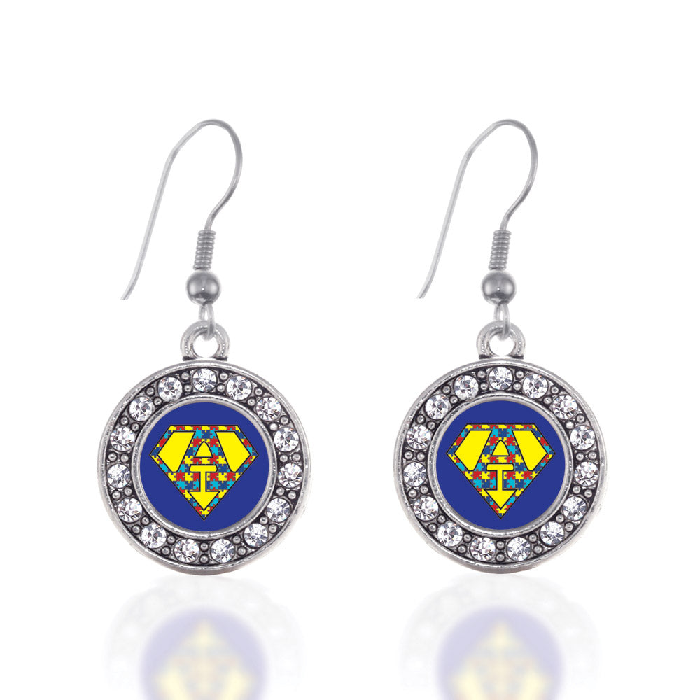 Silver Super Autism Awareness Circle Charm Dangle Earrings