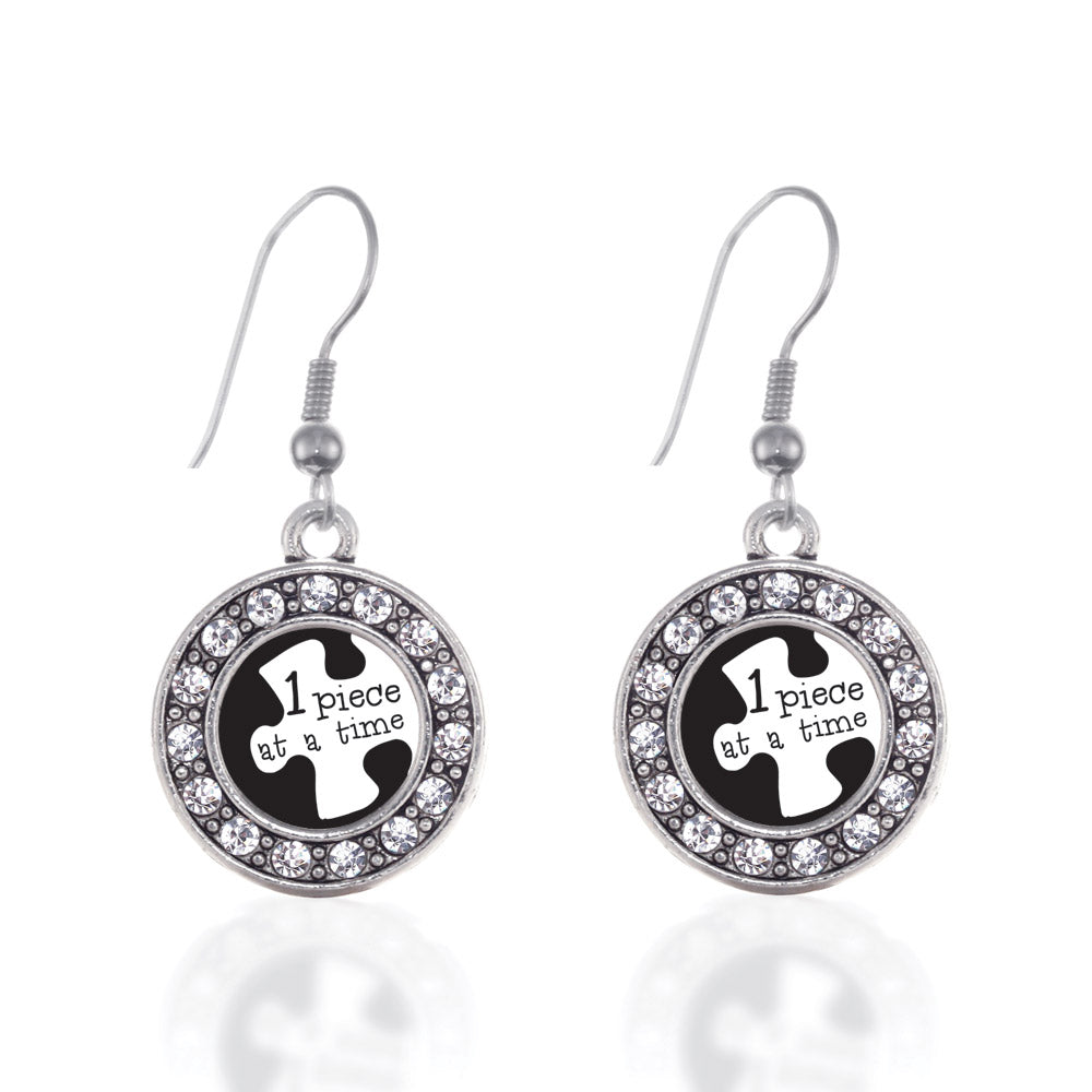 Silver One Piece at a Time Autism Awareness Circle Charm Dangle Earrings
