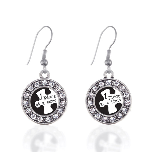 Silver One Piece at a Time Autism Awareness Circle Charm Dangle Earrings