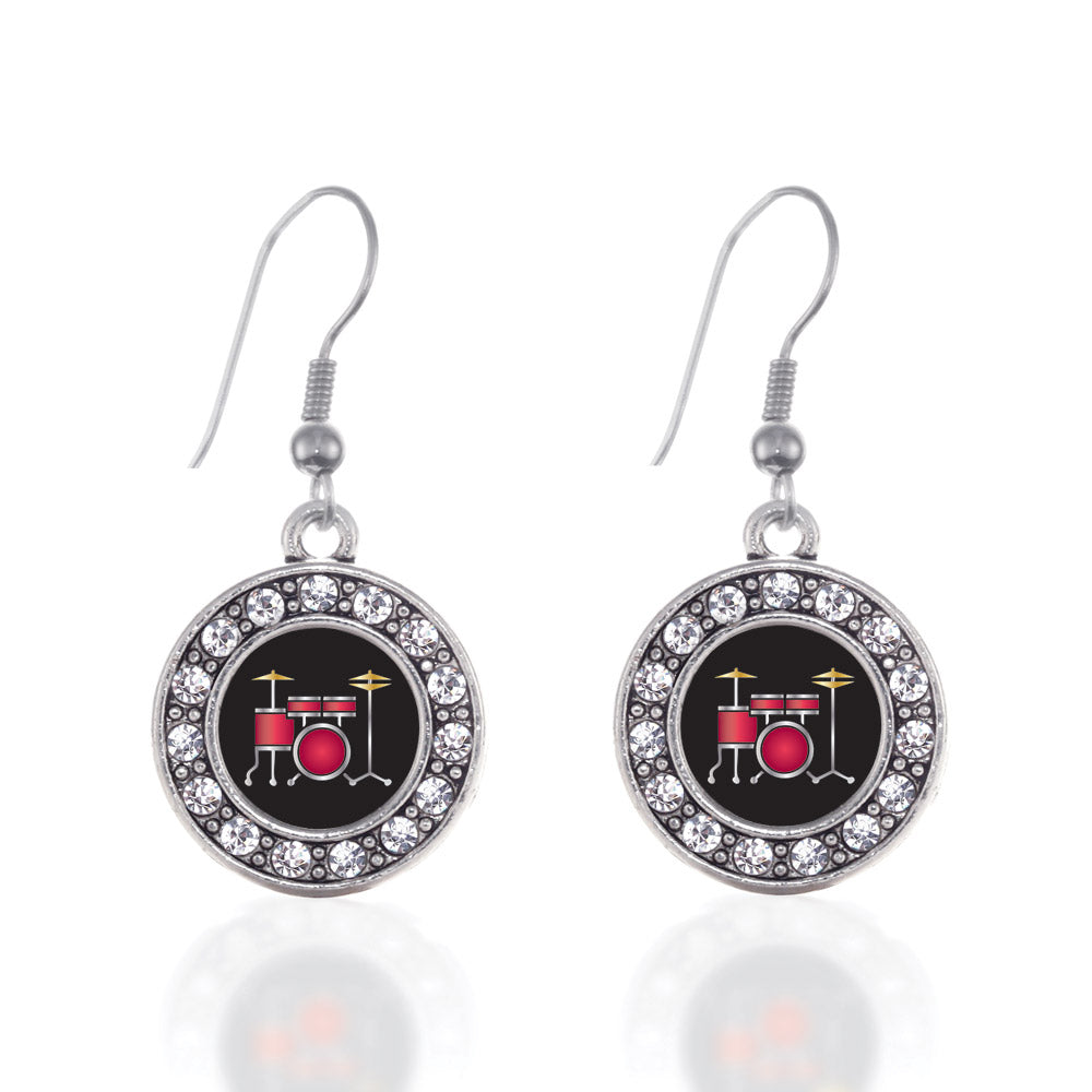 Silver Drumset Circle Charm Dangle Earrings