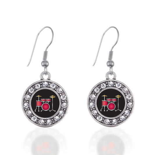 Silver Drumset Circle Charm Dangle Earrings