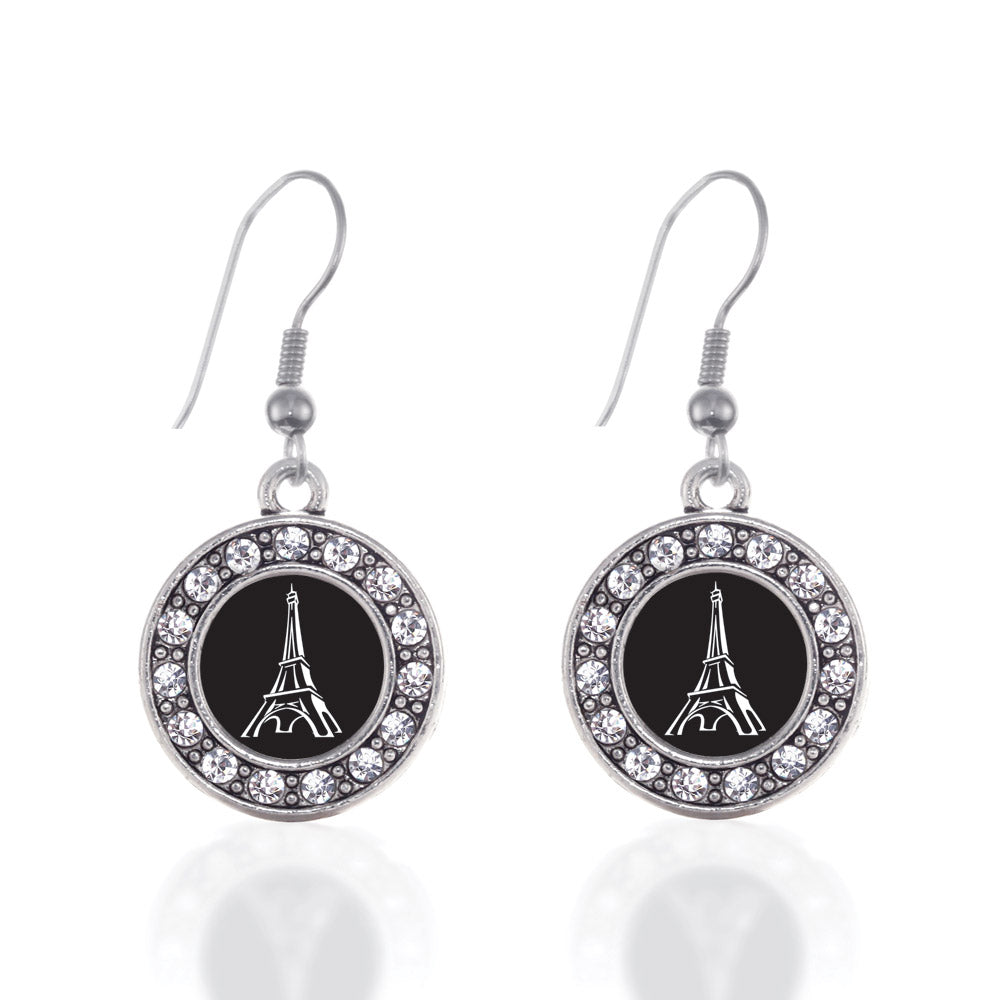 Silver Eiffel Tower Circle Charm Dangle Earrings