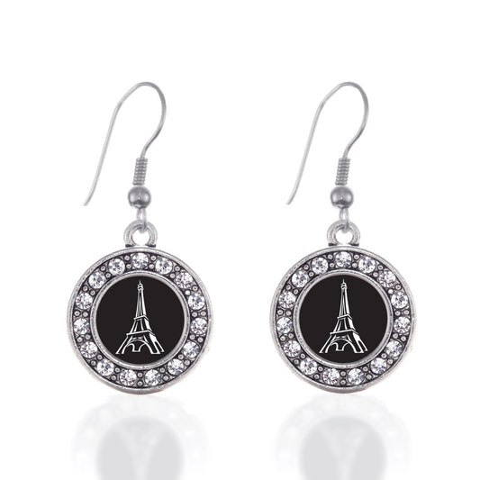 Silver Eiffel Tower Circle Charm Dangle Earrings