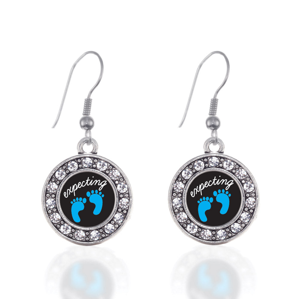 Silver Expecting A Boy Footprints Circle Charm Dangle Earrings
