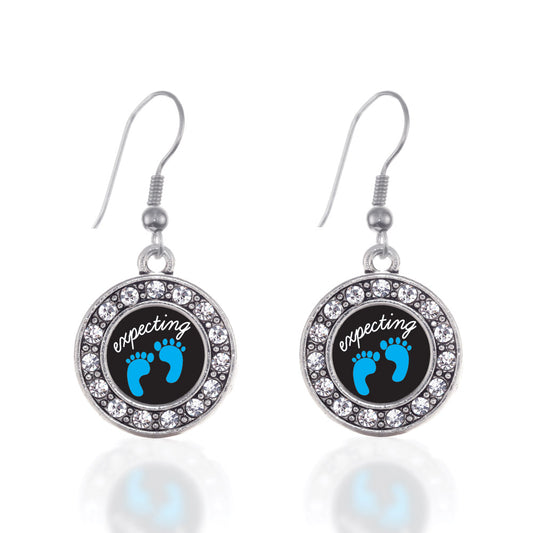 Silver Expecting A Boy Footprints Circle Charm Dangle Earrings