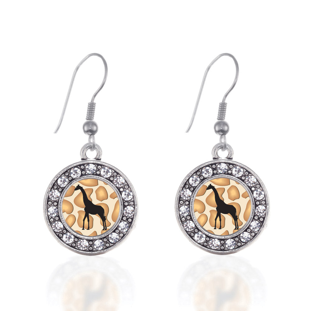 Silver Giraffe Silhouette Circle Charm Dangle Earrings