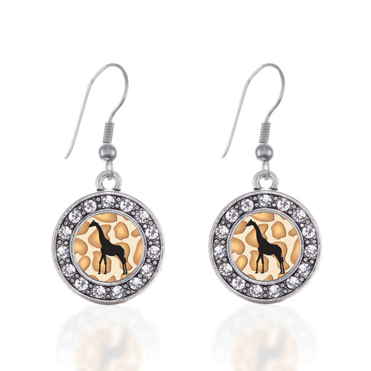 Silver Giraffe Silhouette Circle Charm Dangle Earrings